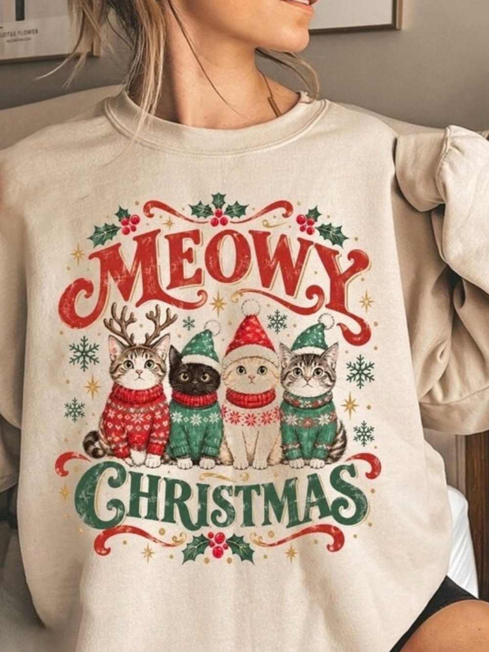 Meowy Christmas Cute Cats Sweatshirt - Sand Holiday Style For Lover Cat